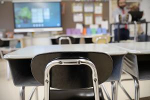 Desks and chairs sit empty in a classroom at Loring Flemming Elementary School in Blackwood, N.J.