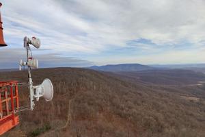 Broadband equipment installed on a tower in Bedford County, part of a new regional initiative in the Southern Alleghenies to improve internet access.