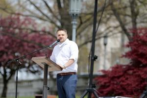 Rep. Aaron Bernstine — seen here at a reopen rally outside the Capitol in April — apologized for “jokes that went too far” during a family vacation.