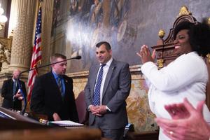 Mark Rozzi (center) was joined by Bryan Cutler (right) and Joanna McClinton after being selected PA House speaker.