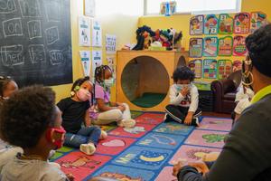 Tanisha Baylor (right) during “circle time” with the 4-year-old students under her care at The Willow School. The Montgomery County center for children has been significantly impacted by staffing shortages. Tanisha Baylor (right) during “circle time” with the 4-year-old students under her care at The Willow School. The Montgomery County center for children has been significantly impacted by staffing shortages.