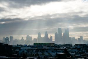 A hazy Philadelphia skyline is photographed on Wednesday, Feb. 2, 2022.