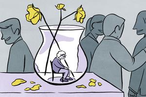 In an illustration, an older woman sits alone inside a vase on a table as younger people around her ignore her.