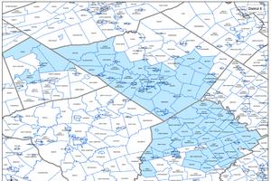 Proposed District 5 shows the consequence of prioritizing equal population and minimizing splits. The district is not compact and stretches across several counties.
