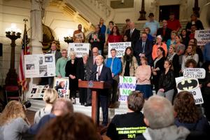 Gov. Tom Wolf and others rallied in September 2018 at the state Capitol in favor of clergy abuse reforms. Wolf on Monday signaled he would support creating a two-year window for retroactive lawsuits through the legislative process.