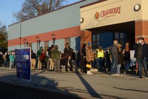 Voters line up outside the Cranberry Municipal Center in Cranberry Township, Butler County, in the first hour of voting on Election Day 2020. Voters line up outside the Cranberry Municipal Center in Cranberry Township, Butler County, in the first hour of voting on Election Day 2020.