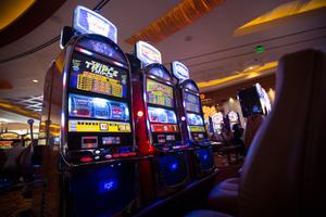 A row of slot machines on the gaming floor of Parx Casino in Bensalem Township, Bucks County, Pennsylvania.