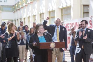 Deb Beck (center) and Rep. Gene DiGirolamo (center right) at a 2017 rally opposing Gov. Tom Wolf's proposal to consolidate the Department of Drug and Alcohol Programs with another agency. Deb Beck (center) and Rep. Gene DiGirolamo (center right) at a 2017 rally opposing Gov. Tom Wolf's proposal to consolidate the Department of Drug and Alcohol Programs with another agency.