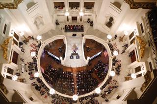 Gov. Josh Shapiro delivers his budget address in the Capitol rotunda on Feb. 6, 2024.
