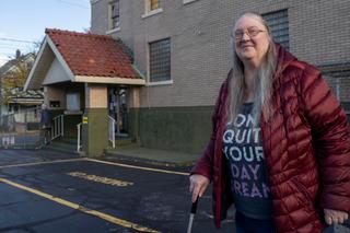 Paula Best, 68, arrived at her Erie polling place with the help of a cane.