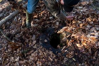Joe Thomas removes leaves from an abandoned well owned by him and his wife, Cheryl, in Duke Center, Pennsylvania.