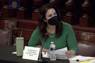 Acting Secretary Jennifer Berrier of the Department of Labor and Industry answers House lawmakers' questions at a budget hearing streamed live on Tuesday, March 2, 2021.
