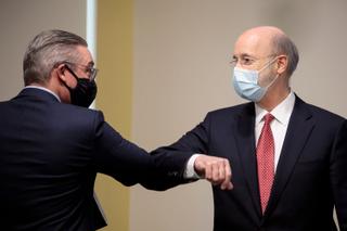 In January 2021, Al Schmidt bumped elbows with Democratic Gov. Tom Wolf after speaking out against efforts to overturn Pennsylvania's presidential election results. In January 2021, Al Schmidt bumped elbows with Democratic Gov. Tom Wolf after speaking out against efforts to overturn Pennsylvania's presidential election results.