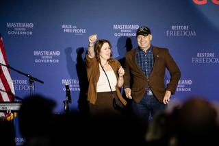 Doug Mastriano takes the stage with his wife Rebbie at his election night watch party in Camp Hill. Doug Mastriano takes the stage with his wife Rebbie at his election night watch party in Camp Hill.