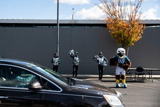 The Eagles mascot, Swoop, and team cheerleaders greeted voters dropping off their mail ballots at a satellite election office site at Lincoln Financial Field in Philadelphia on Nov. 2, 2020. The Eagles mascot, Swoop, and team cheerleaders greeted voters dropping off their mail ballots at a satellite election office site at Lincoln Financial Field in Philadelphia on Nov. 2, 2020.