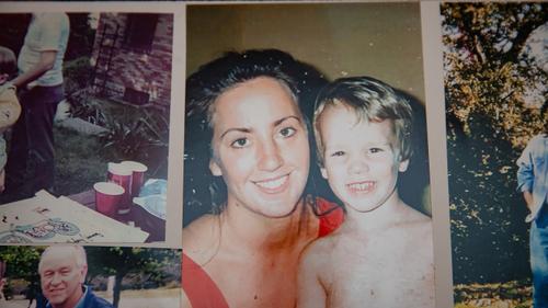 A memory board features photos of James Pschirer’s life, including this one of him and his mother, Andrea Zack.