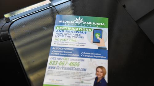 A medical marijuana specialists advertisement pamphlet promising certifications and renewals over the phone. A medical marijuana specialists advertisement pamphlet promising certifications and renewals over the phone.