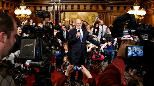Gov. Tom Wolf speaking in front of cameras. Gov. Tom Wolf speaking in front of cameras.