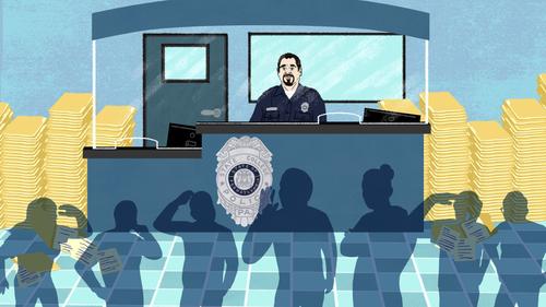 An illustration of a police officer behind an information desk with shadows looking confused in the foreground. An illustration of a police officer behind an information desk with shadows looking confused in the foreground.
