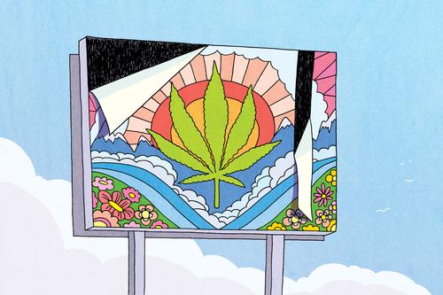 An illustration shows a peeling billboard with a cannabis leaf. Despite Pennsylvania’s outlier status and the high stakes for people seeking treatment, state regulators do little to ensure cannabis dispensaries are making accurate medical claims online. 
