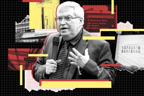 A photo illustration of Raymond Hohl encircled by images of the Penn State Cancer Institute, a medical device, and a nurse’s binder of thank you notes.