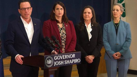 Gov. Josh Shapiro speaks at a press conference at Berks County Agricultural Center in Bern Township on February 26, 2026. From left, he is with Department of Environmental Protection Deputy Secretary Jill Whitcomb;  Labor & Industry Secretary Nancy Walker, and Department of Health
Secretary Dr. Debra Bogen.