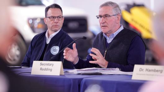 Gov. Josh Shapiro and Pennsylvania Department of Agriculture Secretary Russell Redding visit the Lancaster County Rapid Response Center to host poultry producers and industry leaders for a roundtable discussion on the ongoing surge in Highly Pathogenic Avian Influenza (HPAI) infections.