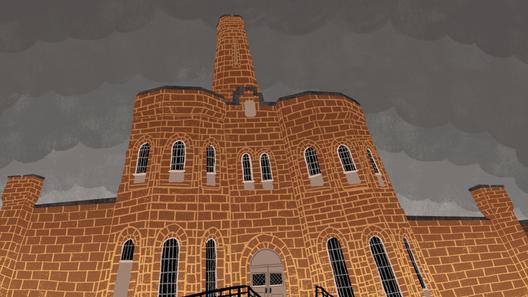 An illustration of Blair County Prison with gray clouds in the background.