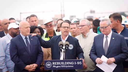 Pennsylvania Gov. Josh Shapiro speaks at a June 2023 news conference after the reopening of part of I-95. Pennsylvania Gov. Josh Shapiro speaks at a June 2023 news conference after the reopening of part of I-95.