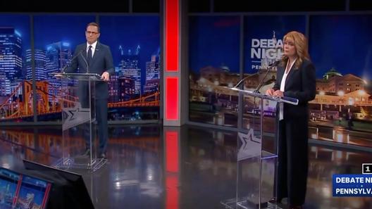 A screenshot of the debate between Gov. Josh Shapiro and Treasurer Stacy Garrity A screenshot of the debate between Gov. Josh Shapiro and Treasurer Stacy Garrity