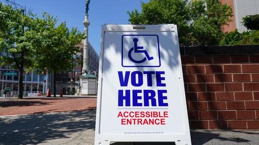 A “Vote Here” sign is shown May 19, 2026, at Lehigh County Government Center in Allentown, Lehigh County, Pennsylvania.