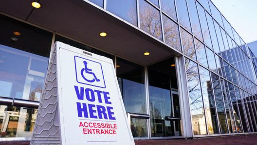 A voting sign outside Allentown Public Library in Lehigh County, Pennsylvania.
