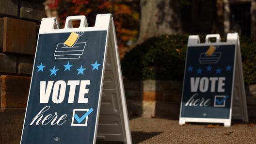 “Vote Here” signs at Temple Sinai in the Squirrel Hill neighborhood of Pittsburgh, PA, on Election Day, Nov. 5, 2024.