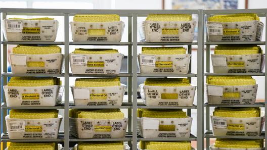 Workers sort mail ballots on Nov. 5, 2024, at Northampton County Courthouse in Easton, Pennsylvania.