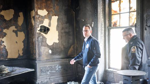 Gov. Josh Shapiro tours the governor’s residence after an April 2025 arson attack.