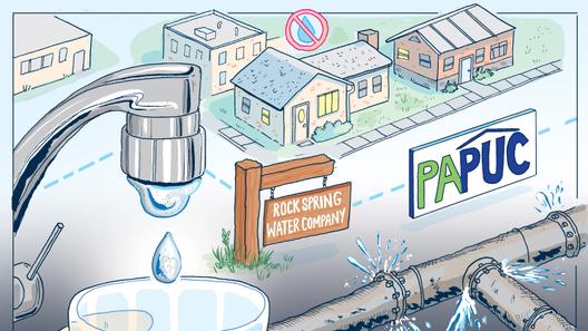An illustration of water coming from a tap, houses, pipes, a Rock Spring Water Company sign, and a PUC sign.