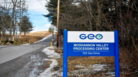 The sign for the GEO Group Moshannon Valley Processing Center immigration detention facility in Clearfield County.