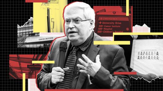 A photo illustration of Raymond Hohl encircled by images of the Penn State Cancer Institute, a medical device, and a nurse’s binder of thank you notes.