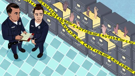An illustration of two police officers standing in front of filing cabinets with hands coming out of the files. An illustration of two police officers standing in front of filing cabinets with hands coming out of the files.