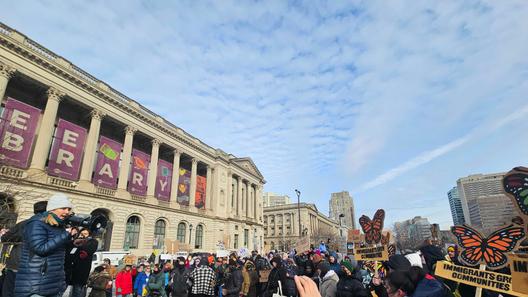 About 200 people protested outside Gov. Josh Shapiro’s book event at the Free Library of Philadelphia on Jan. 24, 2026, calling for Shapiro to adopt stricter policies against collaboration with ICE.