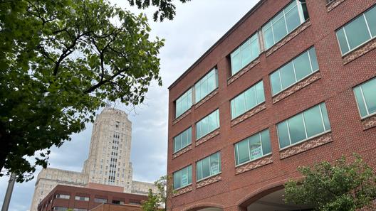 600 Penn St. Reading with the Berks County courthouse in the background.