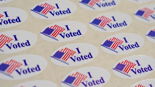 “I Voted” stickers are shown on May 19, 2026, In Quakertown, Bucks County, Pennsylvania.