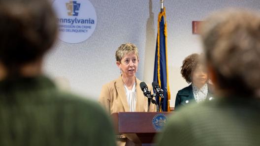 Kathy Buckley, Director of the Office of Victims' Services, PA Commission on Crime and Delinquency, speaks at an event for National Crime Victims' Rights Week, in Harrisburg, Pa. on April 10, 2025.