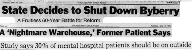 Newspaper headline clippings from stories in the 1980s discussing problems with state mental health hospitals.