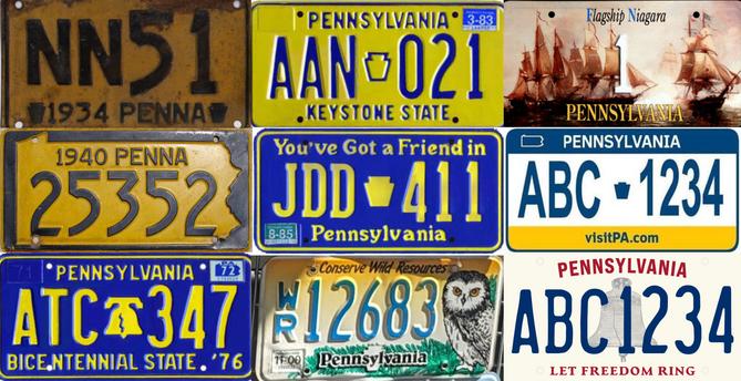 Pennsylvania license plates — some standard-issue, some optional — through the years.