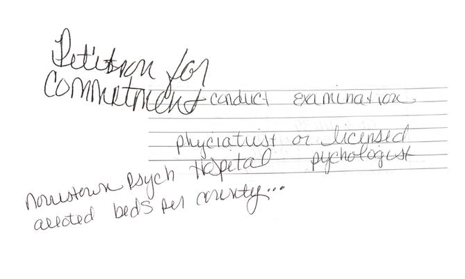 Handwritten messages layered over each other. The messages say Petition for Commitment, conduct examination, phyciatrist (sic) or licensed pychologist (sic), Norristown Psych Hospital alloted (sic) beds per county…