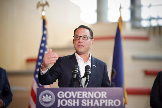 Governor Josh Shapiro speaking at a September 2023 event in Pittsburgh.