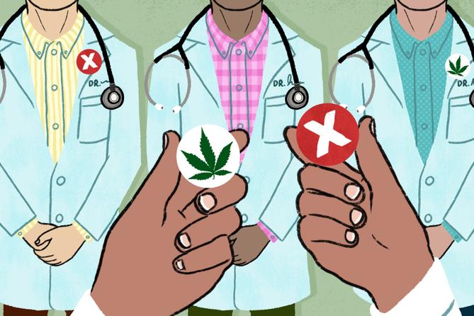 Illustration of three doctors, with a hand holding two tokens, one of a red X and one of a marijuana leaf.