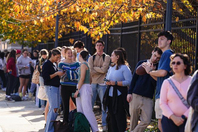 Students wait in line to vote Nov. 5, 2024, outside Kirby Sports Complex in Easton, Northampton County, Pennsylvania.