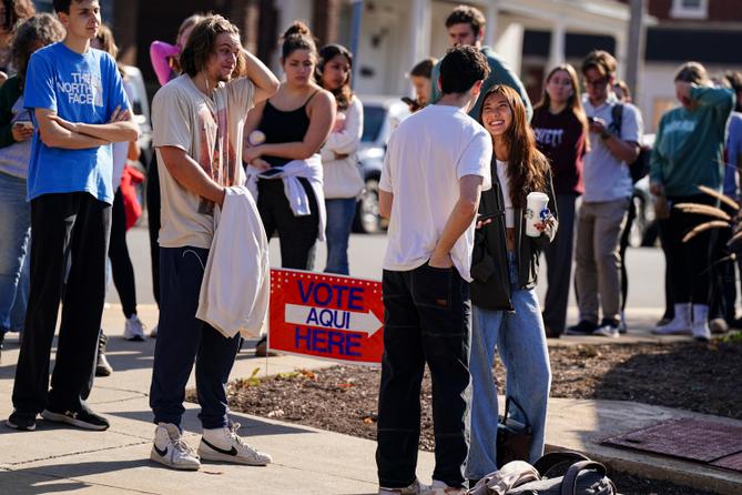Students wait in line to vote Nov. 5, 2024, outside Kirby Sports Complex in Easton, Northampton County, Pennsylvania.